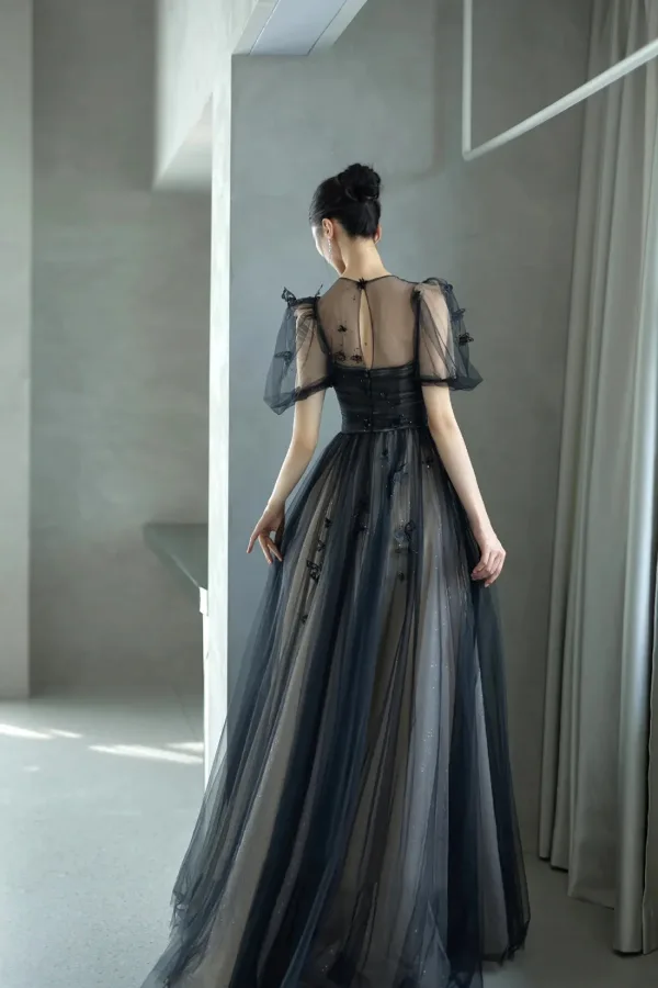 Chic / Beautiful Black Glitter Appliques Prom Dresses 2024 A-Line / Princess Scoop Neck Short Sleeve Backless Floor-Length / Long Prom Formal Dresses