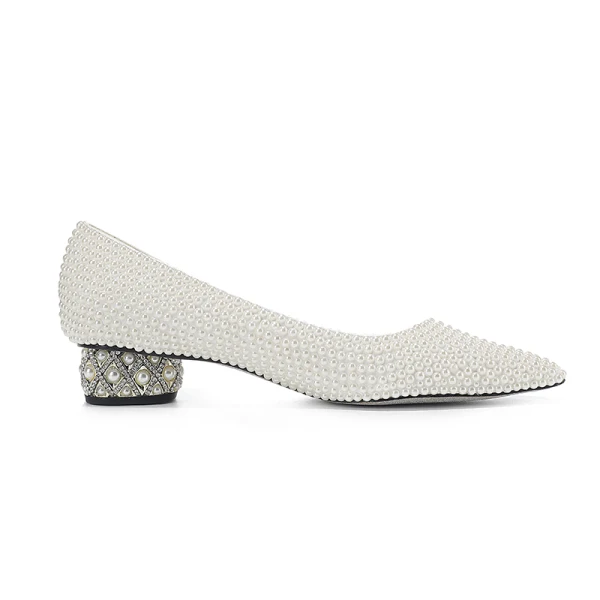 Fashion Summer Ivory Pearl Wedding Shoes 2022 Leather 4 cm Low Heel Thick Heels Pointed Toe Wedding High Heels