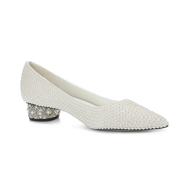 Fashion Summer Ivory Pearl Wedding Shoes 2022 Leather 4 cm Low Heel Thick Heels Pointed Toe Wedding High Heels