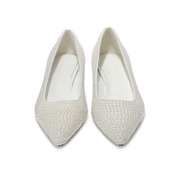 Fashion Summer Ivory Pearl Wedding Shoes 2022 Leather 4 cm Low Heel Thick Heels Pointed Toe Wedding High Heels