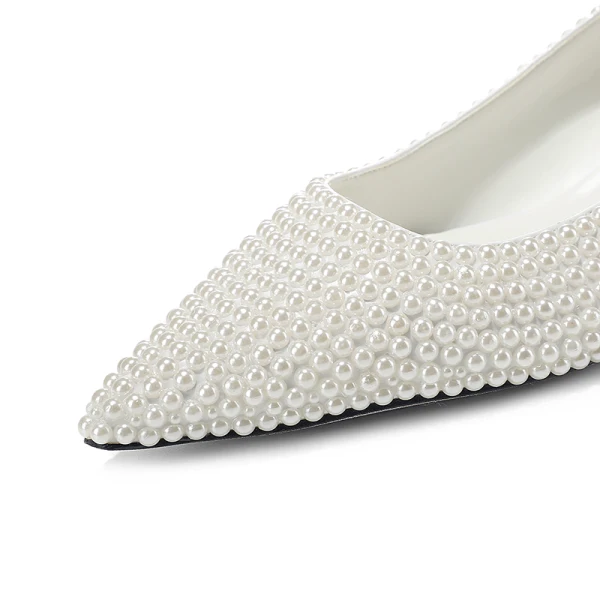 Fashion Summer Ivory Pearl Wedding Shoes 2022 Leather 4 cm Low Heel Thick Heels Pointed Toe Wedding High Heels