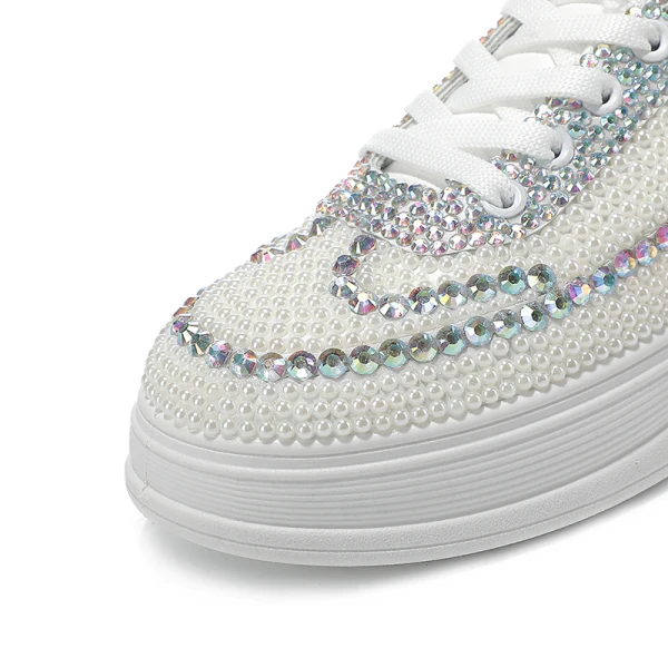 Bekväm Elfenben Pärla Rhinestone Bröllop Sneakers 2022 Läder Pande Zote Toe Brudskor