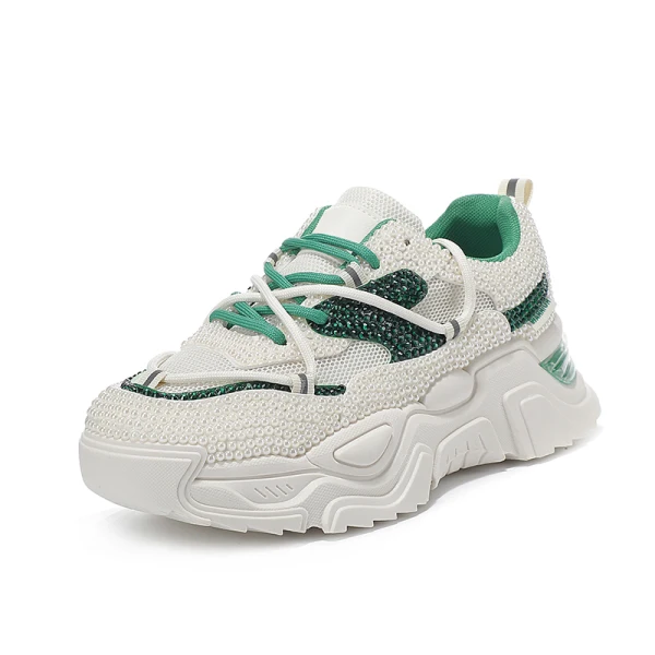 Bekväm Elfenben Rhinestone Pärla Bröllop Sneakers 2022 Läder Pande Zote Toe Brudskor