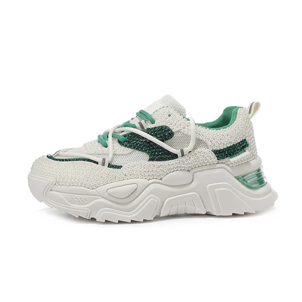 Bekväm Elfenben Rhinestone Pärla Bröllop Sneakers 2022 Läder Pande Zote Toe Brudskor
