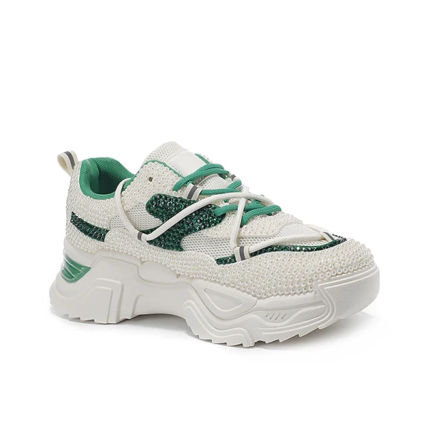 Bekväm Elfenben Rhinestone Pärla Bröllop Sneakers 2022 Läder Pande Zote Toe Brudskor