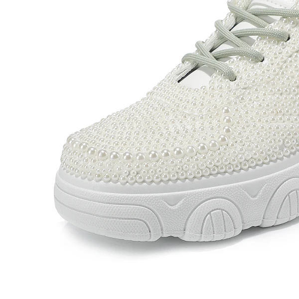 Chic / Beautiful Ivory Pearl Wedding Sneakers 2022 Leather Round Toe Wedding Shoes