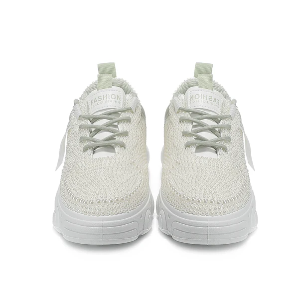 Chic / Beautiful Ivory Pearl Wedding Sneakers 2022 Leather Round Toe Wedding Shoes