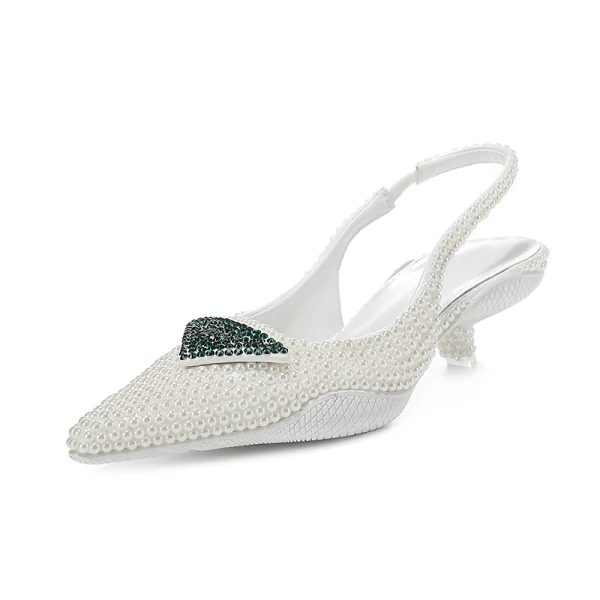 Charming Multi-Colors Rhinestone Evening Party Womens Sandals 2022 Leather Pearl 3 cm Low Heel Stiletto Heels Pointed Toe Womens Shoes High Heels
