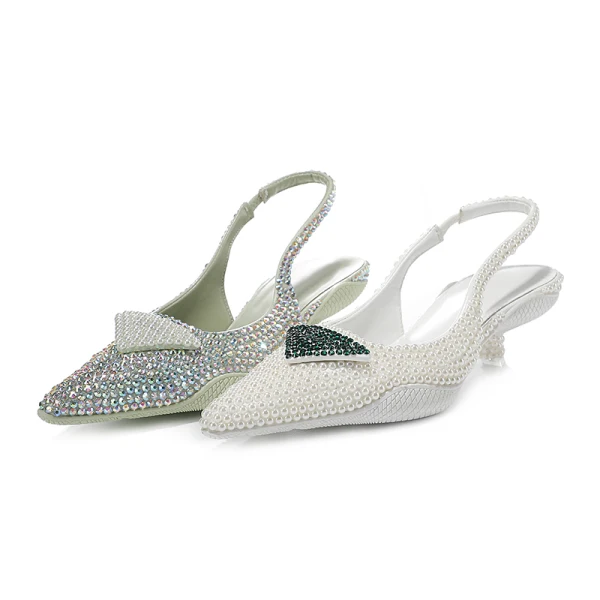 Charming Multi-Colors Rhinestone Evening Party Womens Sandals 2022 Leather Pearl 3 cm Low Heel Stiletto Heels Pointed Toe Womens Shoes High Heels