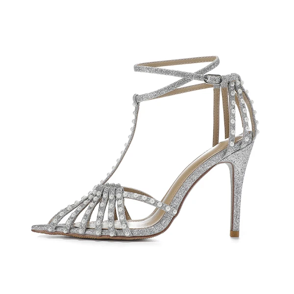 Charming Silver Pearl Rhinestone Wedding Shoes 2022 Leather T-Strap 10 cm Stiletto Heels Pointed Toe High Heels