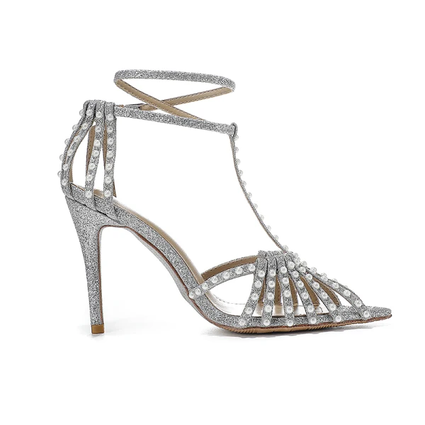 Charming Silver Pearl Rhinestone Wedding Shoes 2022 Leather T-Strap 10 cm Stiletto Heels Pointed Toe High Heels