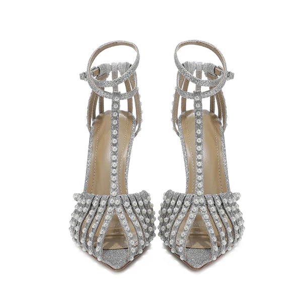 Charming Silver Pearl Rhinestone Wedding Shoes 2022 Leather T-Strap 10 cm Stiletto Heels Pointed Toe High Heels