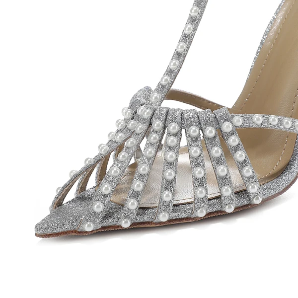 Charming Silver Pearl Rhinestone Wedding Shoes 2022 Leather T-Strap 10 cm Stiletto Heels Pointed Toe High Heels