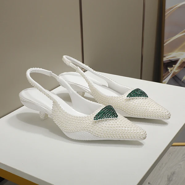 Charming Multi-Colors Rhinestone Evening Party Womens Sandals 2022 Leather Pearl 3 cm Low Heel Stiletto Heels Pointed Toe Womens Shoes High Heels