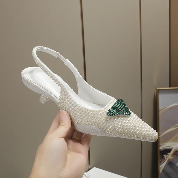 Charming Multi-Colors Rhinestone Evening Party Womens Sandals 2022 Leather Pearl 3 cm Low Heel Stiletto Heels Pointed Toe Womens Shoes High Heels