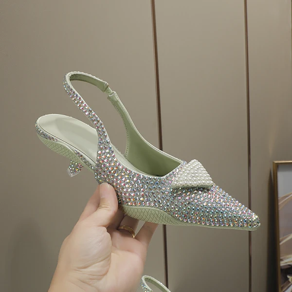 Charming Multi-Colors Rhinestone Evening Party Womens Sandals 2022 Leather Pearl 3 cm Low Heel Stiletto Heels Pointed Toe Womens Shoes High Heels