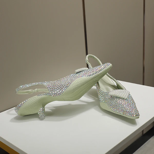 Charming Multi-Colors Rhinestone Evening Party Womens Sandals 2022 Leather Pearl 3 cm Low Heel Stiletto Heels Pointed Toe Womens Shoes High Heels
