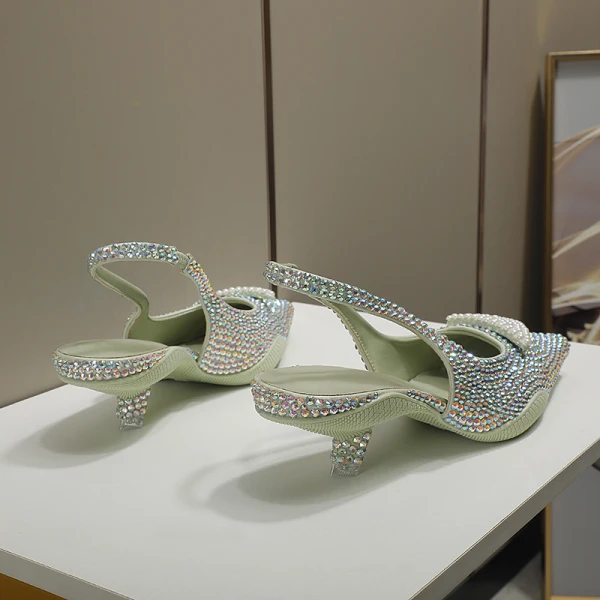 Charming Multi-Colors Rhinestone Evening Party Womens Sandals 2022 Leather Pearl 3 cm Low Heel Stiletto Heels Pointed Toe Womens Shoes High Heels