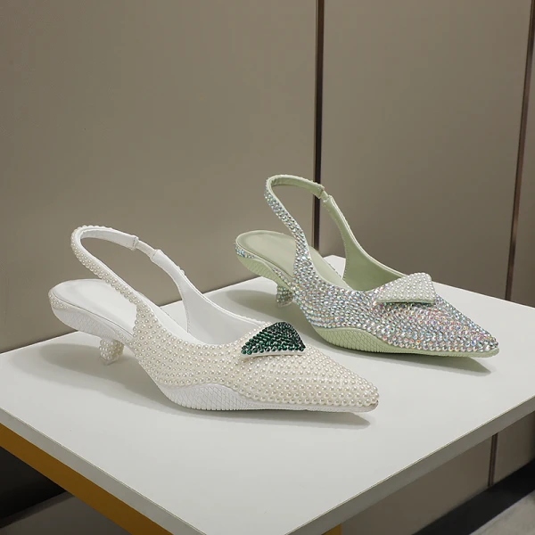Charming Multi-Colors Rhinestone Evening Party Womens Sandals 2022 Leather Pearl 3 cm Low Heel Stiletto Heels Pointed Toe Womens Shoes High Heels