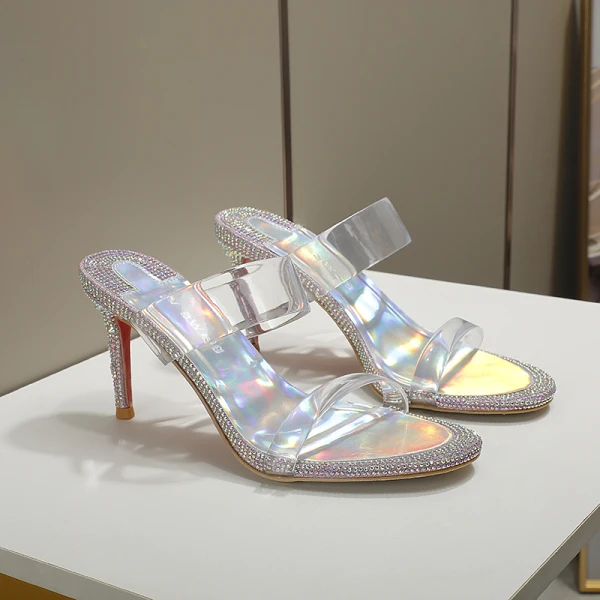 Sexy Transparent Summer Silver Evening Party Rhinestone Womens Sandals 2022 8 cm Stiletto Heels Open / Peep Toe Sandals High Heels
