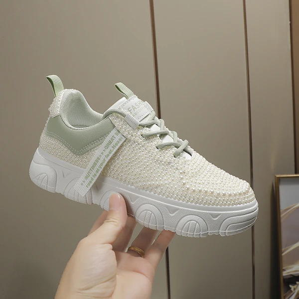 Chic / Beautiful Ivory Pearl Wedding Sneakers 2022 Leather Round Toe Wedding Shoes