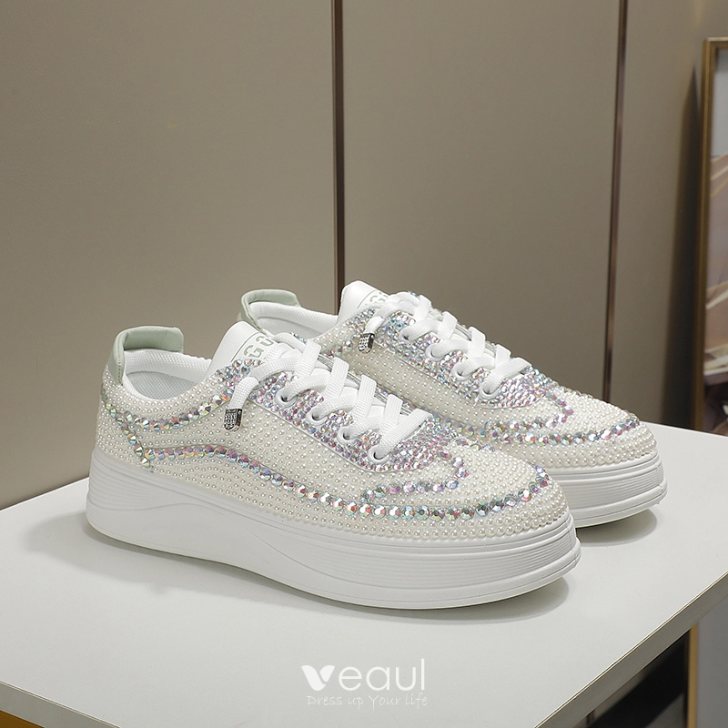 Comfortable Ivory Pearl Rhinestone Wedding Sneakers 2022 Leather Round Toe Wedding Shoes