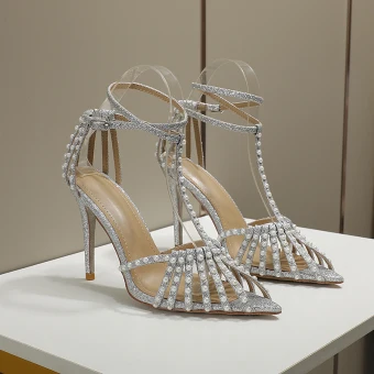 Charming Silver Pearl Rhinestone Wedding Shoes 2022 Leather T Strap 10 Cm Stiletto Heels Pointed Toe High Heels