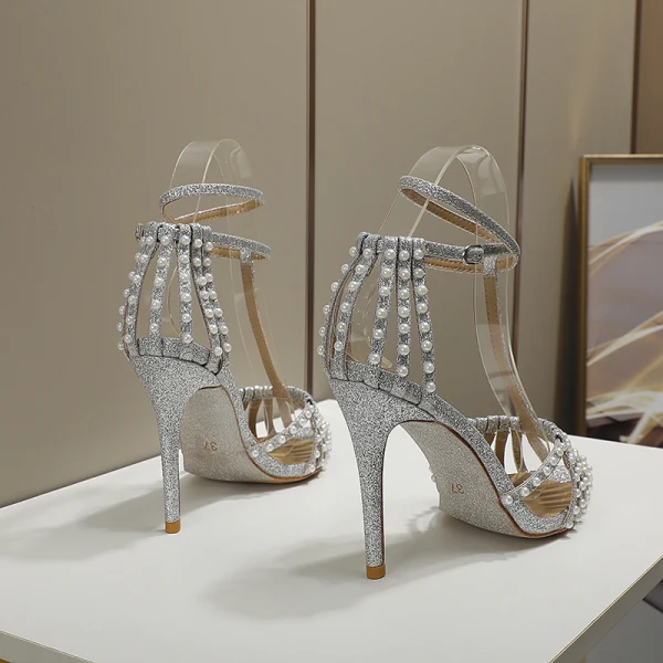 Charming Silver Pearl Rhinestone Wedding Shoes 2022 Leather T-Strap 10 cm Stiletto Heels Pointed Toe High Heels