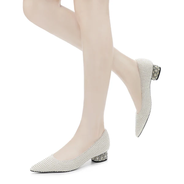 Fashion Summer Ivory Pearl Wedding Shoes 2022 Leather 4 cm Low Heel Thick Heels Pointed Toe Wedding High Heels