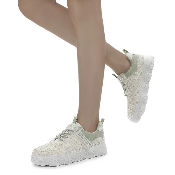 Chic / Beautiful Ivory Pearl Wedding Sneakers 2022 Leather Round Toe Wedding Shoes