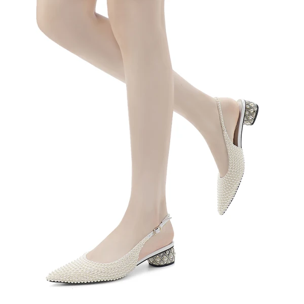 Fashion Summer Ivory Pearl Wedding Shoes 2022 Leather 4 cm Low Heel Thick Heels Pointed Toe Wedding High Heels
