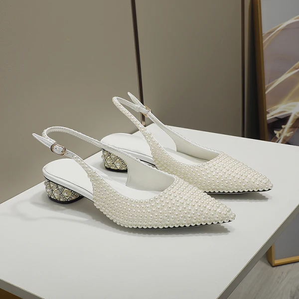 Fashion Summer Ivory Pearl Wedding Shoes 2022 Leather 4 cm Low Heel Thick Heels Pointed Toe Wedding High Heels
