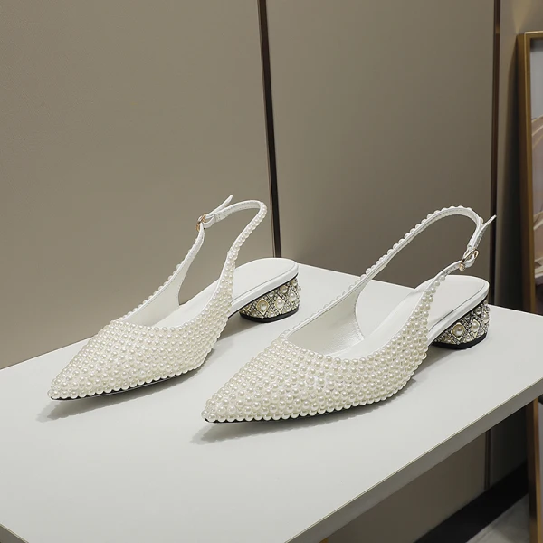 Fashion Summer Ivory Pearl Wedding Shoes 2022 Leather 4 cm Low Heel Thick Heels Pointed Toe Wedding High Heels