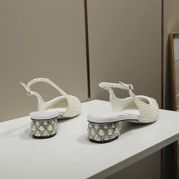 Fashion Summer Ivory Pearl Wedding Shoes 2022 Leather 4 cm Low Heel Thick Heels Pointed Toe Wedding High Heels