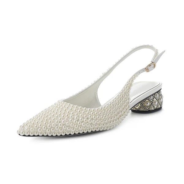 Fashion Summer Ivory Pearl Wedding Shoes 2022 Leather 4 cm Low Heel Thick Heels Pointed Toe Wedding High Heels