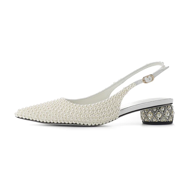 Fashion Summer Ivory Pearl Wedding Shoes 2022 Leather 4 cm Low Heel Thick Heels Pointed Toe Wedding High Heels