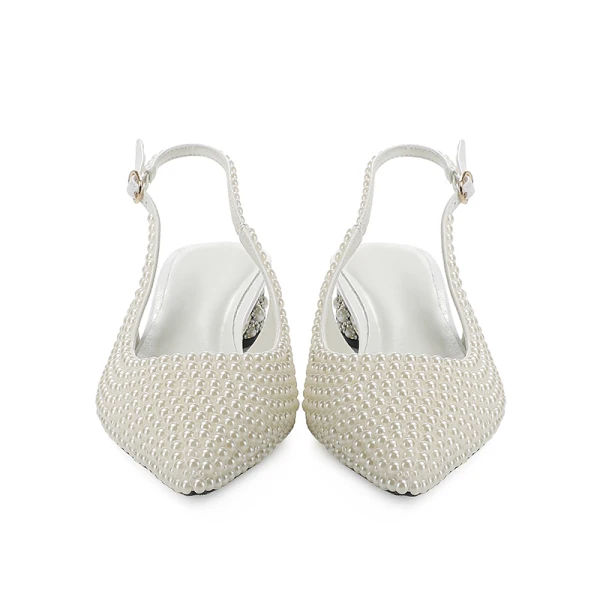 Fashion Summer Ivory Pearl Wedding Shoes 2022 Leather 4 cm Low Heel Thick Heels Pointed Toe Wedding High Heels