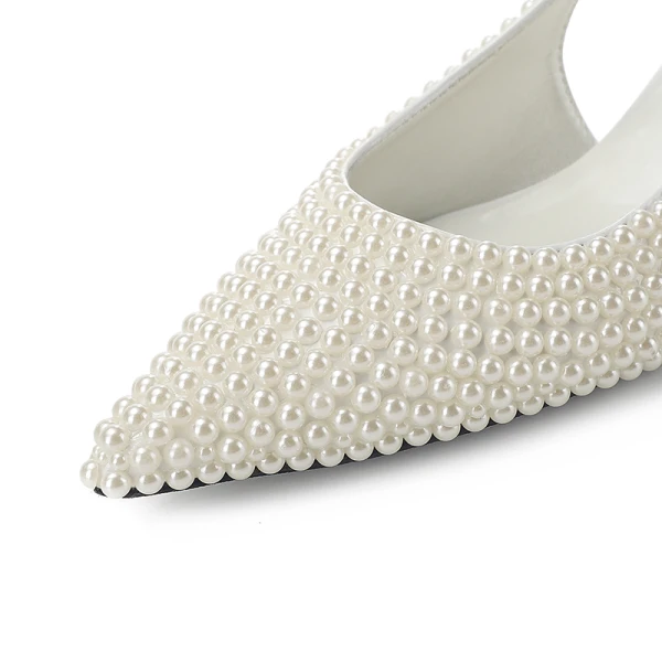 Fashion Summer Ivory Pearl Wedding Shoes 2022 Leather 4 cm Low Heel Thick Heels Pointed Toe Wedding High Heels