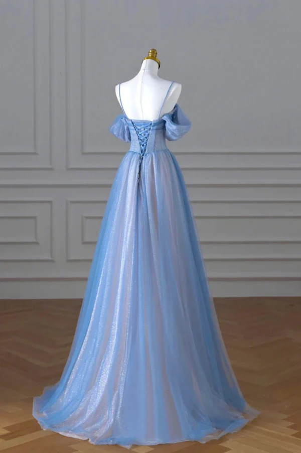 Western Bling Bling Sky Blue Beading Pearl Sequins Glitter Prom Dresses 2024 A-Line / Princess Spaghetti Straps Backless Floor-Length / Long Formal Dresses