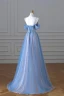 Western Bling Bling Sky Blue Beading Pearl Sequins Glitter Prom Dresses 2024 A-Line / Princess Spaghetti Straps Backless Floor-Length / Long Formal Dresses