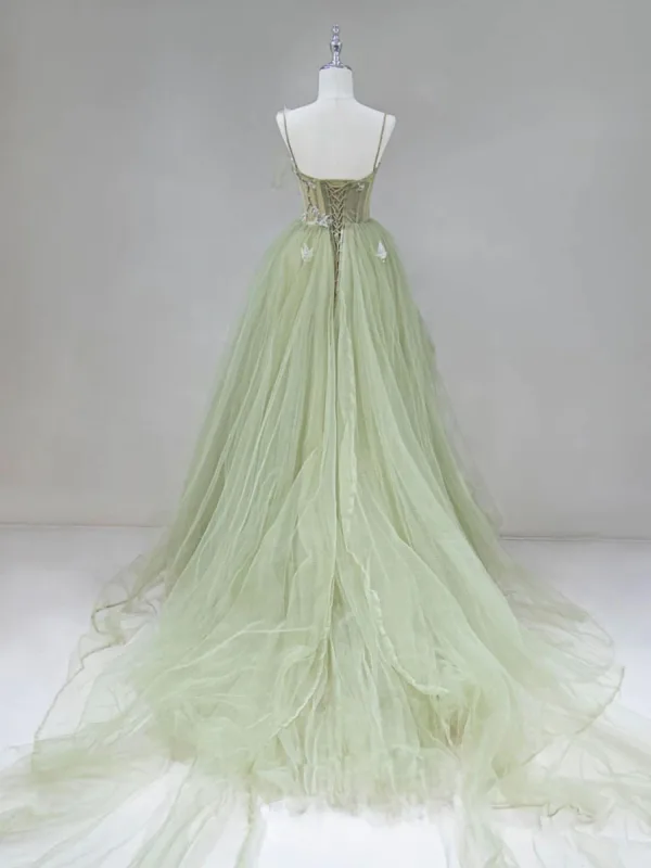 Chic / Beautiful Sage Green Beading Appliques Pleated Prom Dresses 2024 A-Line / Princess Spaghetti Straps Sleeveless Backless Sweep Train Formal Dresses