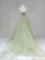 Chic / Beautiful Sage Green Beading Appliques Pleated Prom Dresses 2024 A-Line / Princess Spaghetti Straps Sleeveless Backless Sweep Train Formal Dresses