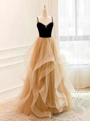Charming Champagne Rhinestone Cascading Ruffles Prom Dresses 2024 A Line Princess Spaghetti Straps Sleeveless Backless Floor Length Long Formal Dresses