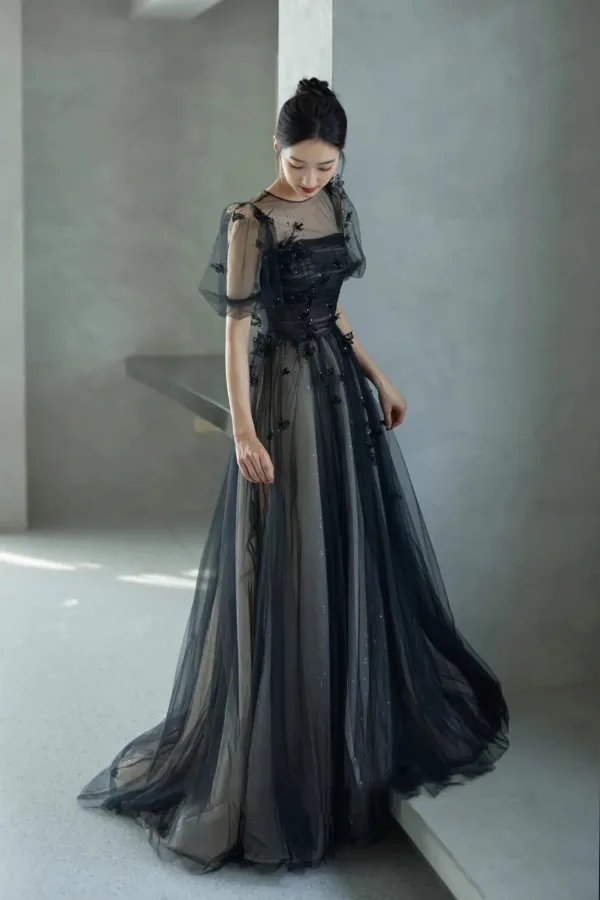 Chic / Beautiful Black Glitter Appliques Prom Dresses 2024 A-Line / Princess Scoop Neck Short Sleeve Backless Floor-Length / Long Prom Formal Dresses