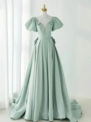 Élégant Vert Cendré Satin Robe De Bal 2024 Princesse Encolure Carrée Dos Nu Noeud Gonflée Manches Courtes Longue Robe De Ceremonie