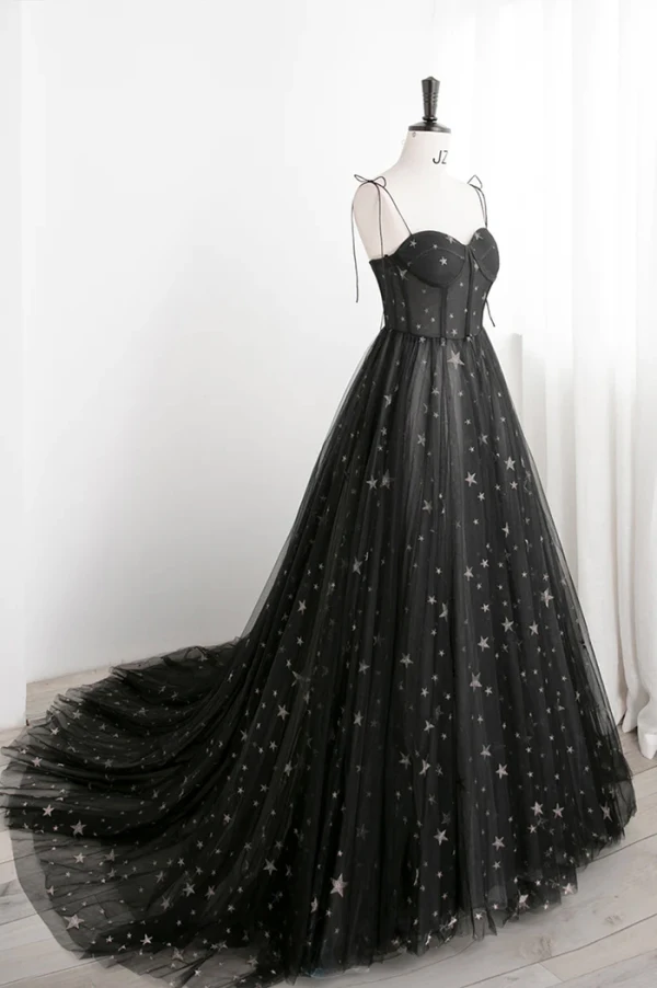 Fashion Black Star Sequins Prom Dresses 2024 A-Line / Princess Spaghetti Straps Sleeveless Backless Floor-Length / Long Formal Dresses