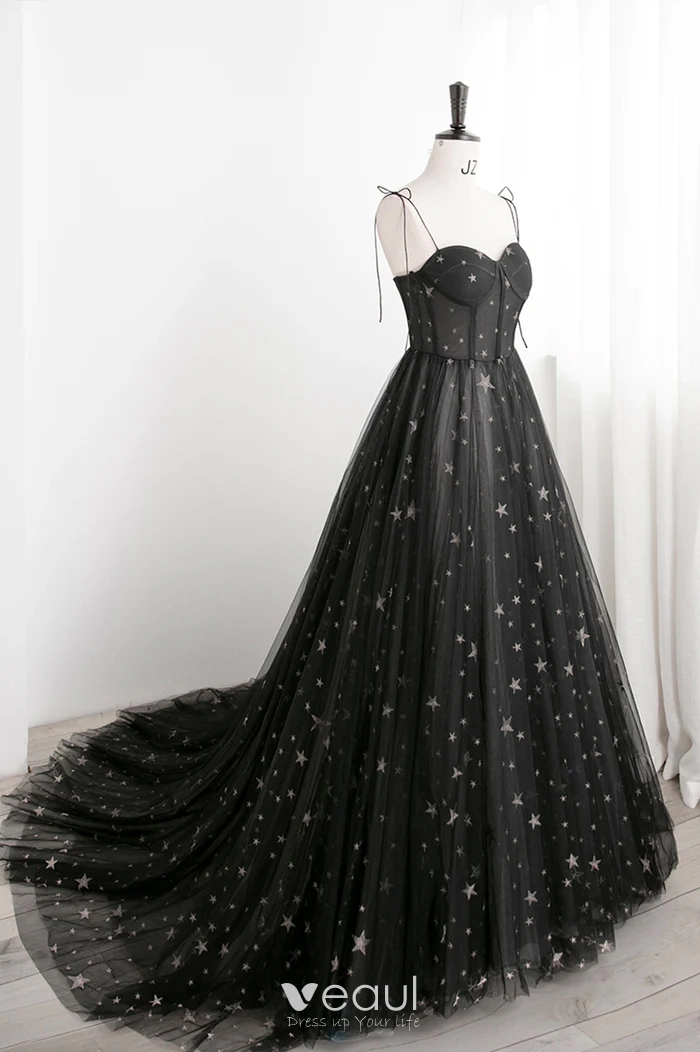Spaghetti Straps A-line Black Long Prom Dresses, Glitter Newest 2022 Prom Dresses, Fashion Evening Party Dresses