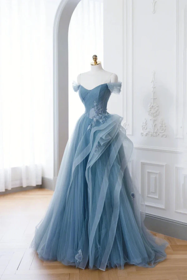 Mode Himmelblau 3D Spitze Pailletten Fallende Rüsche Ballkleider 2024 A Linie Bandeau Ärmellos Lange Rückenfreies Ball Festliche Kleider