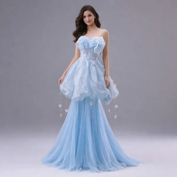 Fashion Sky Blue Appliques Butterfly Pearl Sequins Rhinestone Prom Dresses 2026 A-Line / Princess Strapless Sleeveless Backless Floor-Length / Long Formal Dresses