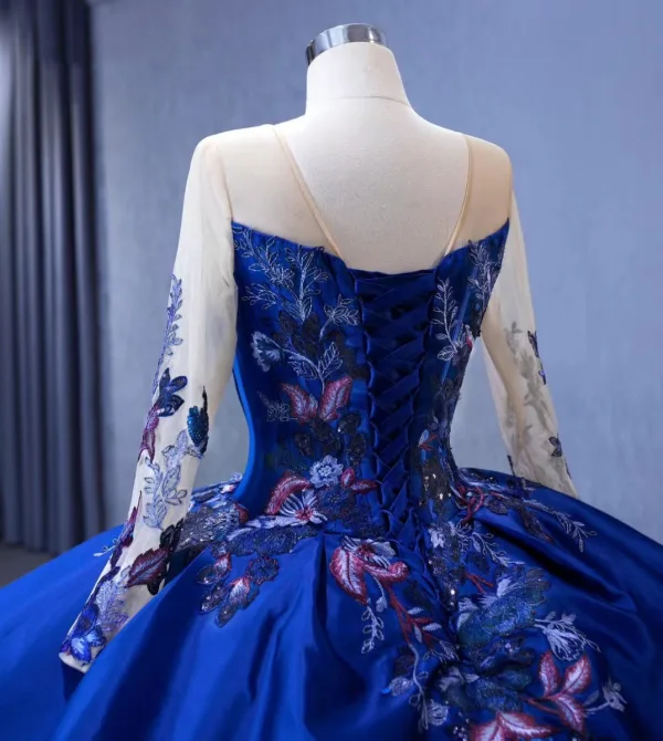 Vintage / Retro High-end Navy Blue Handmade  Beading Sequins Lace Flower Prom Dresses 2023 A-Line / Princess Scoop Neck Long Sleeve Backless Chapel Train